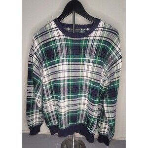 Vintage IZOD Club Plaid Sweater Men’s S/M Green Navy White Cotton Knit Preppy 90